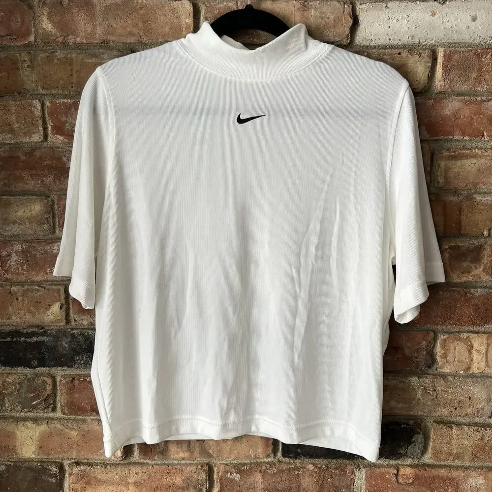 Nike Women's Sportswear Essential Ribbed MockNeck Short Sleeve Top White XL